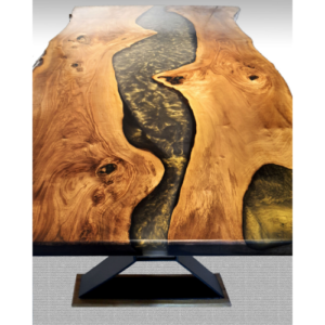 Unique Epoxy River Dining Table with Oak Wood and Black Metal Base